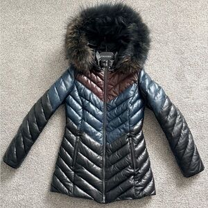 Danier Black, Blue, and Burgundy Puffer Jacket with Fur Hood